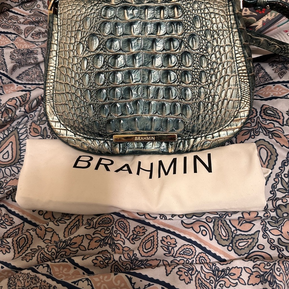 Brahmin Metallic Blue Croc-Embossed Crossbody Bag